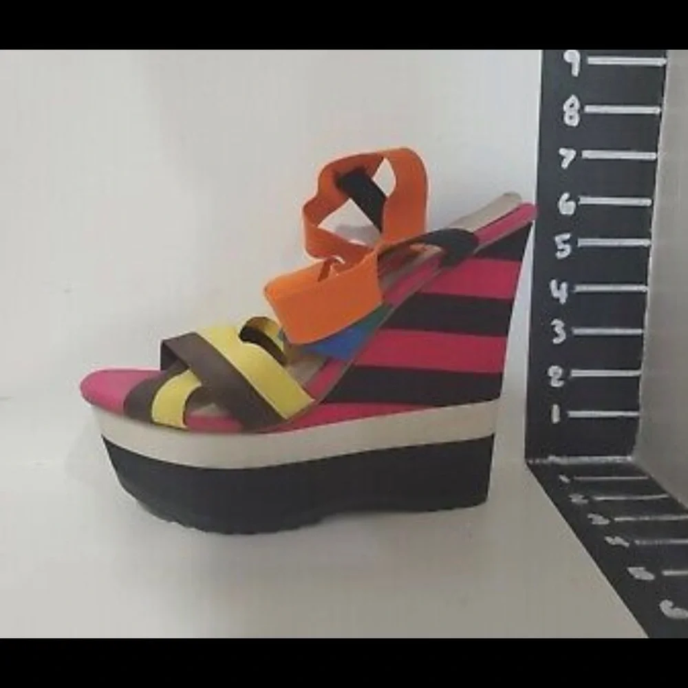 Zigi Soho Multicolor Striped Wedge Sandals - Orange, Pink, Yellow, Blue, Black
